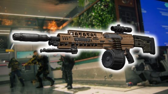 Best Warzone TAQ Evolvere loadout: a large beige machine gun with a glowing white outline.
