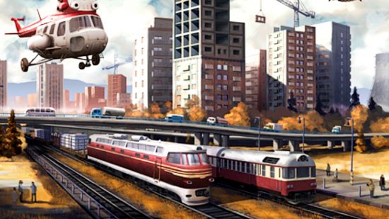 Workers and Resources: Soviet Republic update 13 - Two trains and a helicopter pass by a series of high-rise buildings in this city-building strategy game.