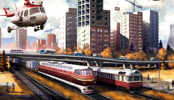 Workers and Resources: Soviet Republic update 13 - Two trains and a helicopter pass by a series of high-rise buildings in this city-building strategy game.