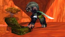 New WoW Classic character finder is perfect for Season of Discovery: A bull-like creature bends down to look into an open box in a barren, red-tinted area