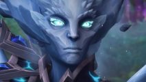 This new WoW addon is simple, but an absolute must have: A blue creature with a sharp chin and glowing red eyes looks past the camera grimacing