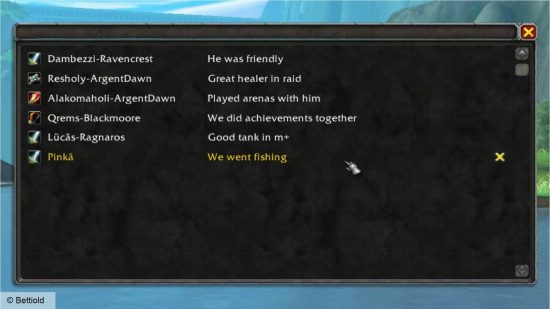 A World of Warcraft menu showing a series of different players, with reminders attatched to them