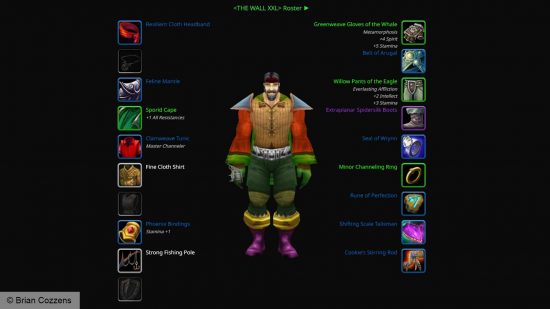 Ein Bild einer 3D-Figur aus World of Warcraft auf schwarzem Hintergrund, umgeben von ihrer Ausrüstung