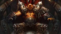 Worrying WoW mount rumor finally addressed by Blizzard: A tanned orc creature sitting on a throne with huge wooden straps over his shoulders wearing no shirt and heavy armor