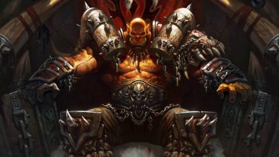 Worrying WoW mount rumor finally addressed by Blizzard: A tanned orc creature sitting on a throne with huge wooden straps over his shoulders wearing no shirt and heavy armor