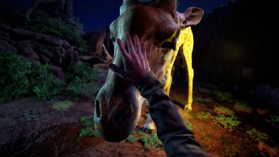 a first-person view of someone petting a giraffe with their hand on its head.