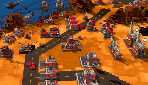 9-Bit Armies launches on Steam - Several red buildings in a base reminiscent of classic Command and Conquer.