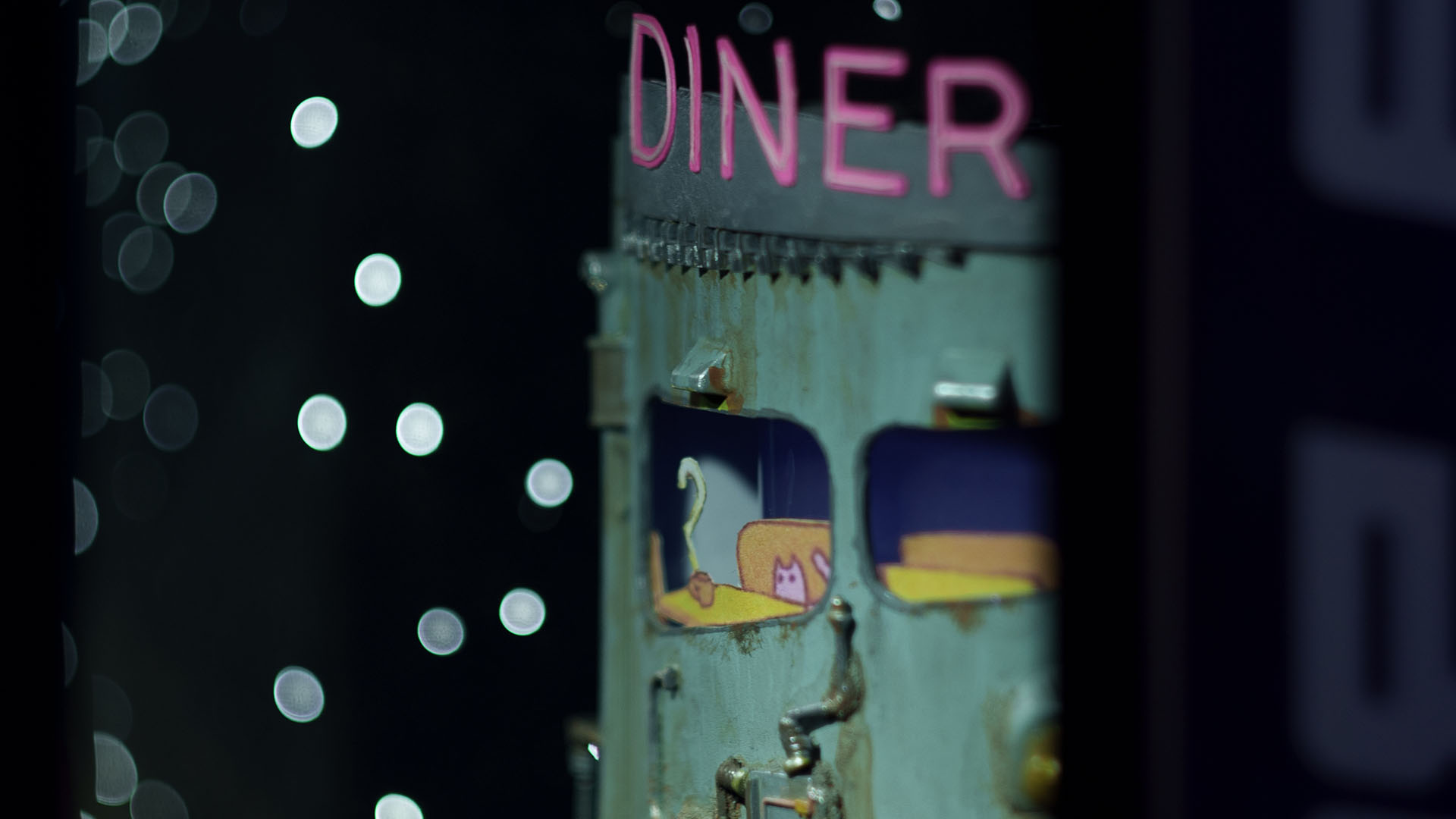 Eine Nahaufnahme des Falles mit Schwerpunkt auf einem verrostet aussehenden Science-Fiction-Restaurant