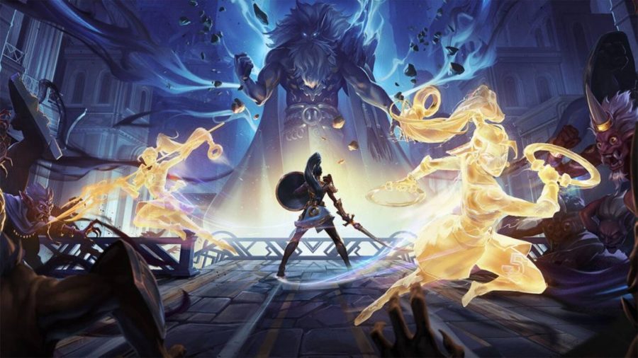 Lysfanga The Time Shift Warrior: A woman in gladiator gear stands in front of a huge angry god, golden clones of herself fighting off other enemies