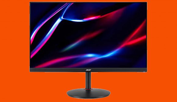 The Acer Nitro XV271U M3bmiiprx gaming monitor against an orange background