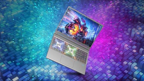 An Acer Predator Triton 14 laptop against a blue-purple background