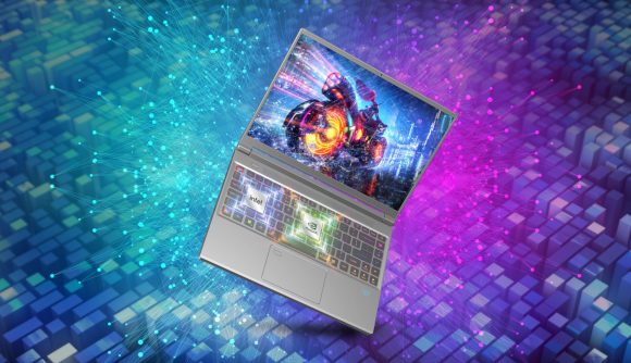 An Acer Predator Triton 14 laptop against a blue-purple background
