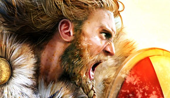 Age of Empires 2: Definitive Edition DLC VIctors and Vanquished - A Viking man with long blonde hair and a braided beard yells as he holds up a shield.
