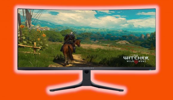 The Alienware AW3423DWF gaming monitor, with a white glow, against an orange background