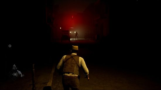Alone in the Dark release date: Edward Carnby makes his way slowly down a dark street, as a supernatural creature at the end of the road is backlit by a red traffic light and car headlamps.