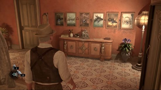 Alone in the Dark release date: Edward Carnby ponders over a puzzle featuring a collection of portraits in one of the manor's rooms.
