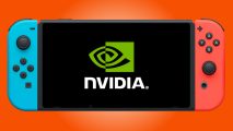 A Nintendo Switch with an Nvidia logo on its display, against an orange background