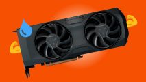An AMD Radeon graphics card, with small muscular arms and a large sweat drop, against an orange background