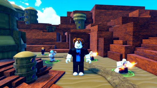 Anime Last Stand codes: A Roblox man standing on a path with three anime characters guarding the road.
