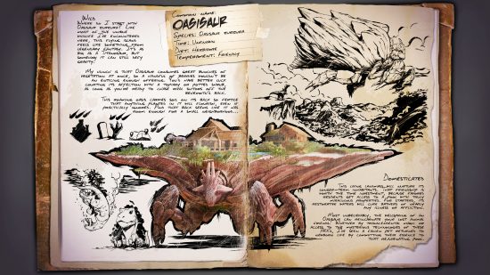 Ark Survival Ascended Oasisaur: un libro que documenta la fisiología del nuevo dinosaurio gigante con una isla flotante en su espalda.