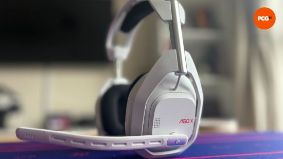 Astro A50X review - a photo of the headset with the microphone down in speaking position 
