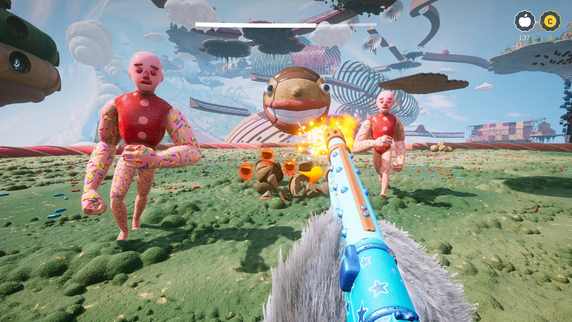 El nuevo DLC de Atomic Heart es un pastel "GPT" mundo, donde eres peludo: una criatura peluda con una pistola azul brillante dispara a enemigos coloridos en un campo