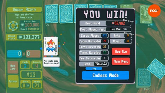 Best new pc games: a poker video game balatro, showing a 'you win' screen.