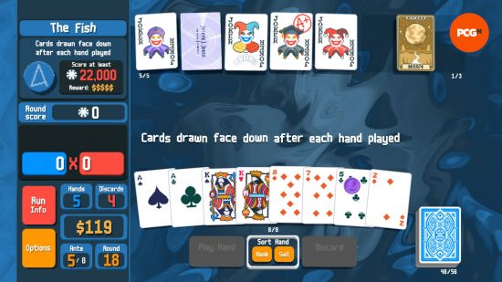 Balatro new Roguelike: the player is about to start a round where cards are drawn face down after each hand is played.