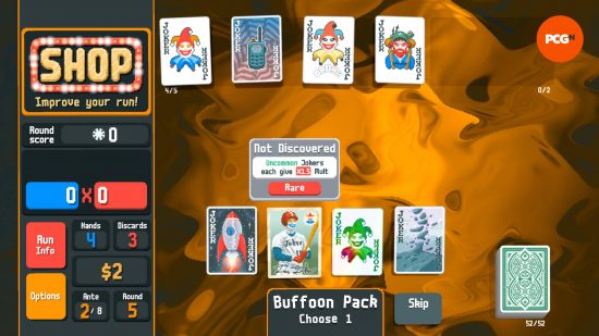 Balatro new Roguelike: the player is opening a Joker booster pack and has a selection between four Jokers to add to their selection. The highlighted one is of a Joker dressed as a Baseball player.