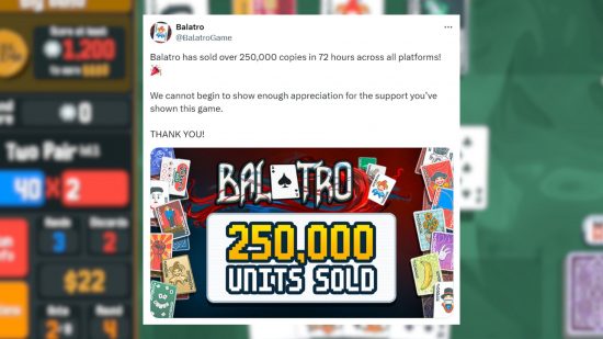 Balatro success Steam: an image of a tweet saying Balatro has sold 250,000 copies
