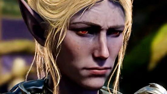 Baldur's Gate 3 hotfix 20 resolves Minthara troubles - A purple-skinned Drow Paladin with blonde hair and rede eyes raises an eyebrow quizzically.