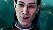 Baldur's Gate 3 cosmetic slots mod - A pale-faced man with long, pointed ears, long, black hair swept back, piercing red eyes, and a fang-toothed smile.