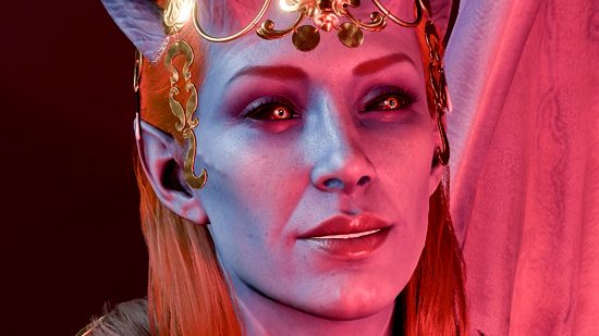 Baldur's Gate 3 patch 6 upgrades kissing and much, much more - Mizora, a red-headed demon with purple skin and large horns, smiles seductively in the Larian Studios DnD RPG.