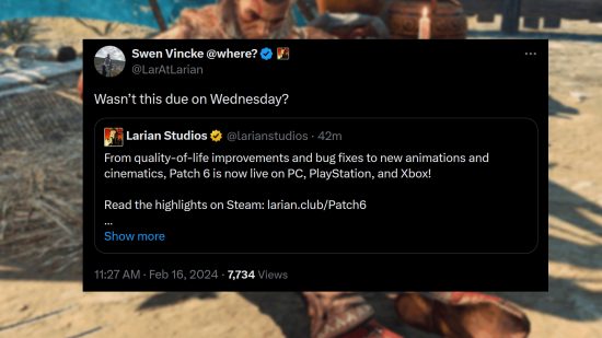 Baldur's Gate 3 patch 6 - Larian CEO Swen Vincke tweets, "Wasn't this due on Wednesday?"