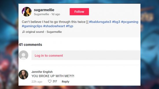 Jennifer English's comment on sugarmellie's Baldur's Gate 3 TikTok