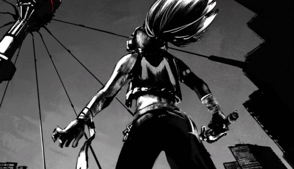 If HiFi Rush and Fallout had a baby, it'd be this Steam roguelike: A black and white image of a woman wearing a black leatherjacket with an 'M' on the back looking up at a huge pylon