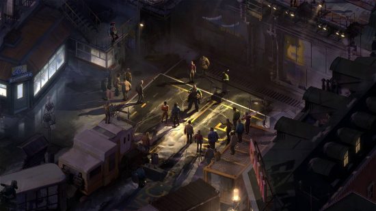 Best detective games: a street fight in darkness in Disco Elysium.