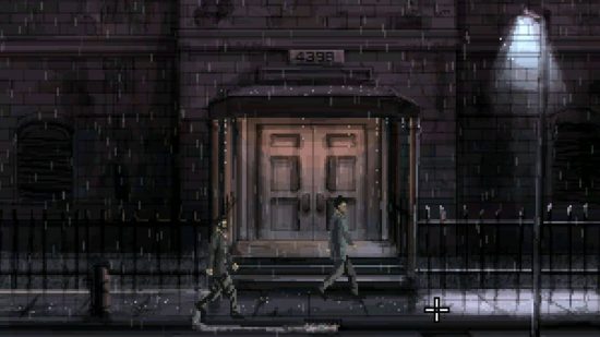 Best detective games: two men walking past a front door in Gemini Rue.