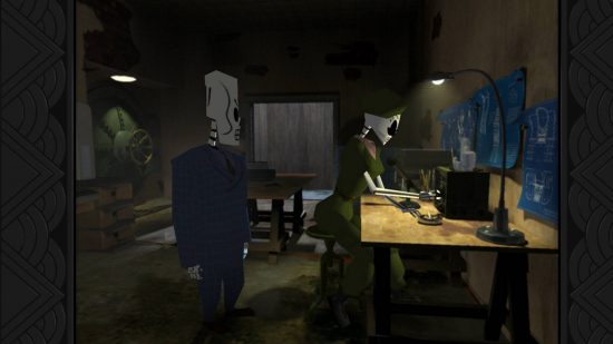 Best detective games: Manny is talking to the secretary in Grim Fandango.
