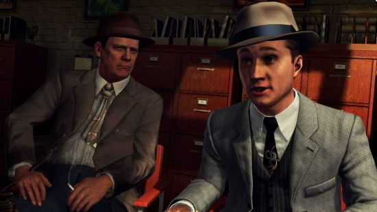 Best detective games: Cole questions a suspect while his partner looks at him in LA Noire.