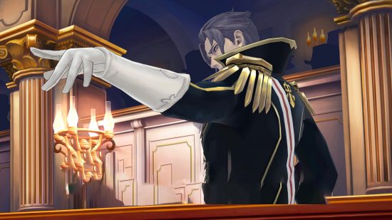 Best detective games: the prosecutor raising an objection in The Great Ace Attorney Chronicles.