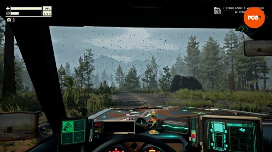 A view from the inside of the car in Pacific Drive, one of the best racing games, as its iconic station wagon traverses a winding road that leads off into a forest.