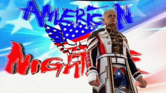 Best fighting games: Cody Rhodes, the American Nightmare, is wearing an admiral's coat-like wrestling gear in WWE 2K24.