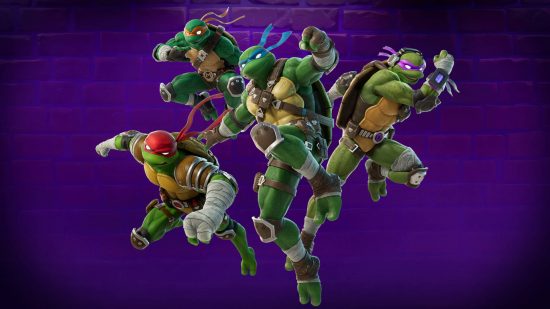 Best Fortnite skins: all four Teenage Mutant Ninja Turtles in a fighting pose.