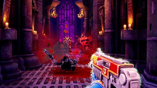 A red and purple church scene in Warhammer 40K Boltgun, one of the best FPS games.