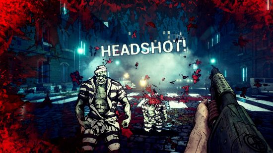 The word "headshot" appears above the heads of other enemies, dressed in white and black convict uniforms, in Forgive me Father 2, one of the best FPS games.