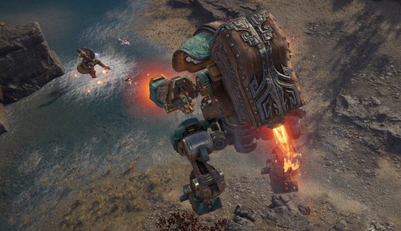 Best free Steam games: Naraka Bladepoint. Image shows a mech battle in a wasteland.