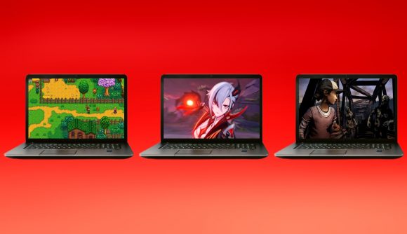 Best games for laptops displayed on three different laptops - these are Stardew Valley, Genshin Impact, and The Walking Dead.