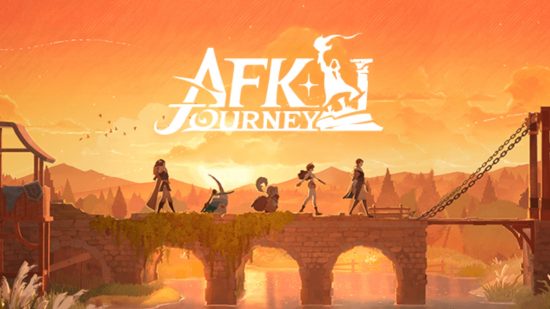 Best laptop games: AFK Journey. Image shows carious characters walking over a bridge at sunset under the AFK Journey logo.