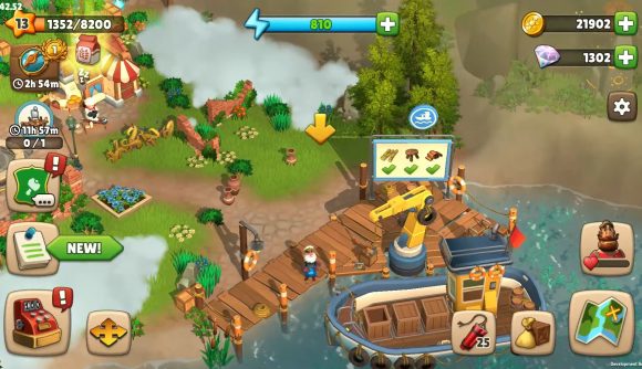 Best laptop games: Sunrise Village. Image shows an area of the farm where a boat sits at a dock.